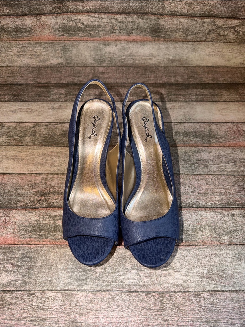 Qupid Navy Blue Peep-Toe Slingback Platform Heels with Wood-Look Platform - Picture 3 of 8